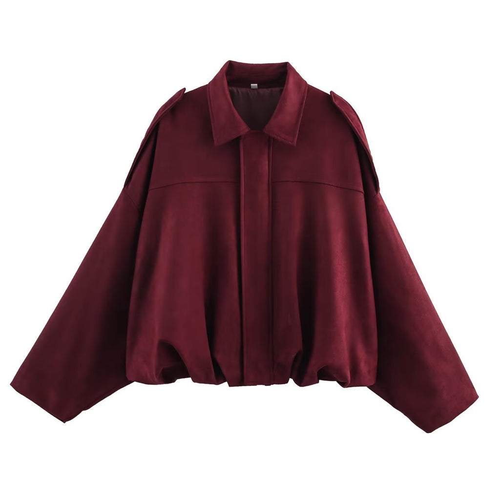 Faux Suede Cropped Balloon Sleeve Jacket - Red