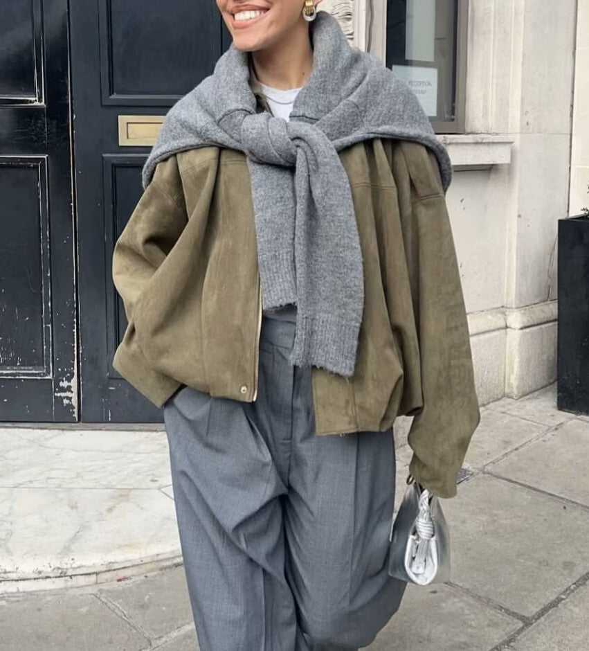 Faux Suede Cropped Balloon Sleeve Jacket