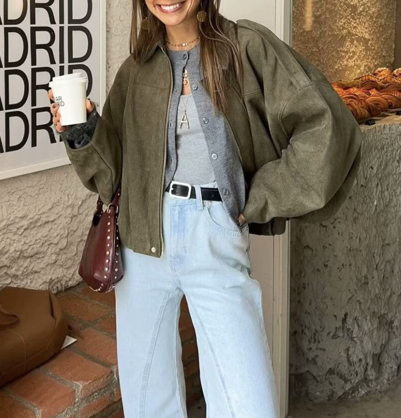 Faux Suede Cropped Balloon Sleeve Jacket - view 2