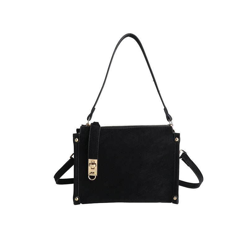 Distressed Faux Leather Shoulder Bag with Turn Lock - Black