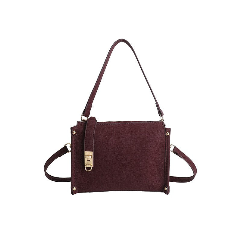 Distressed Faux Leather Shoulder Bag with Turn Lock - Burgundy