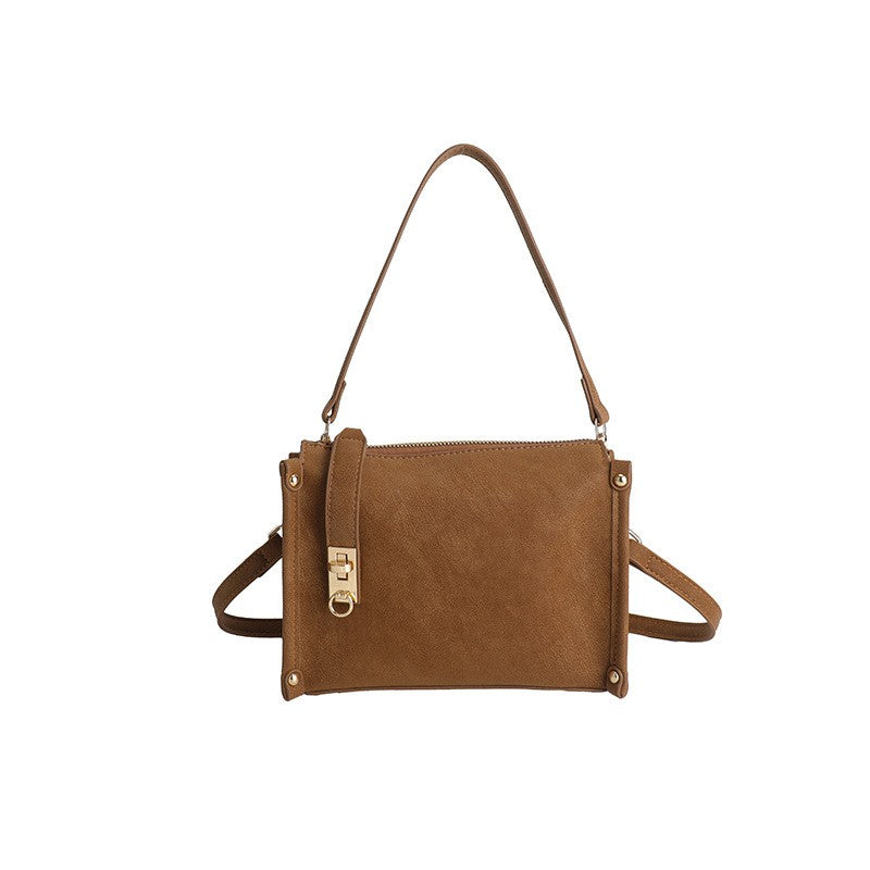 Distressed Faux Leather Shoulder Bag with Turn Lock - Tan