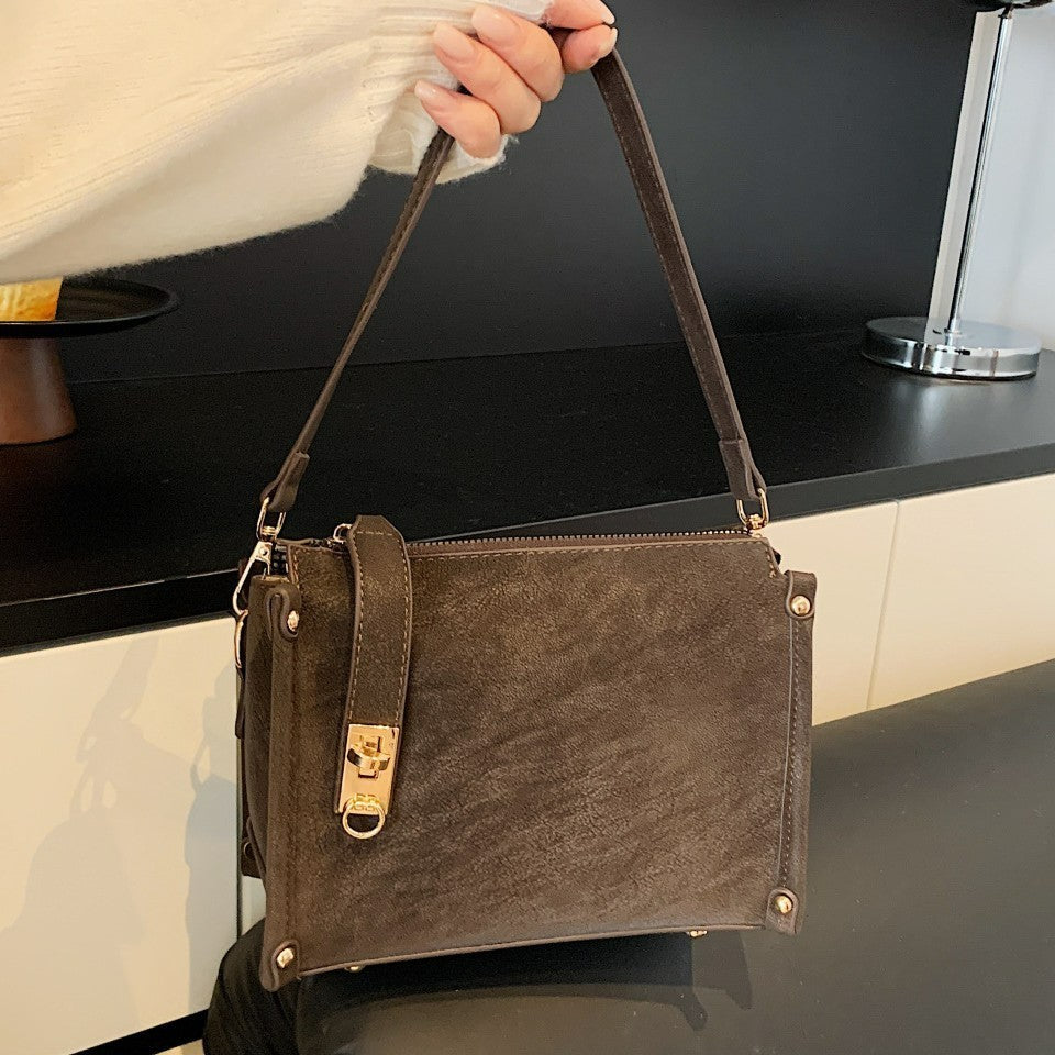 Distressed Faux Leather Shoulder Bag with Turn Lock