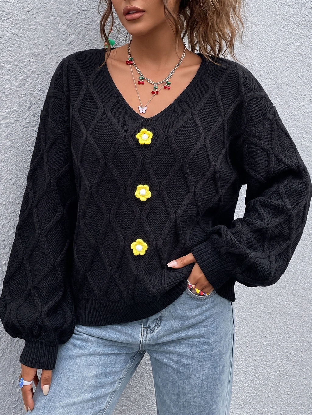 Diamond Knit Flower Button Balloon Sleeve Sweater - Black