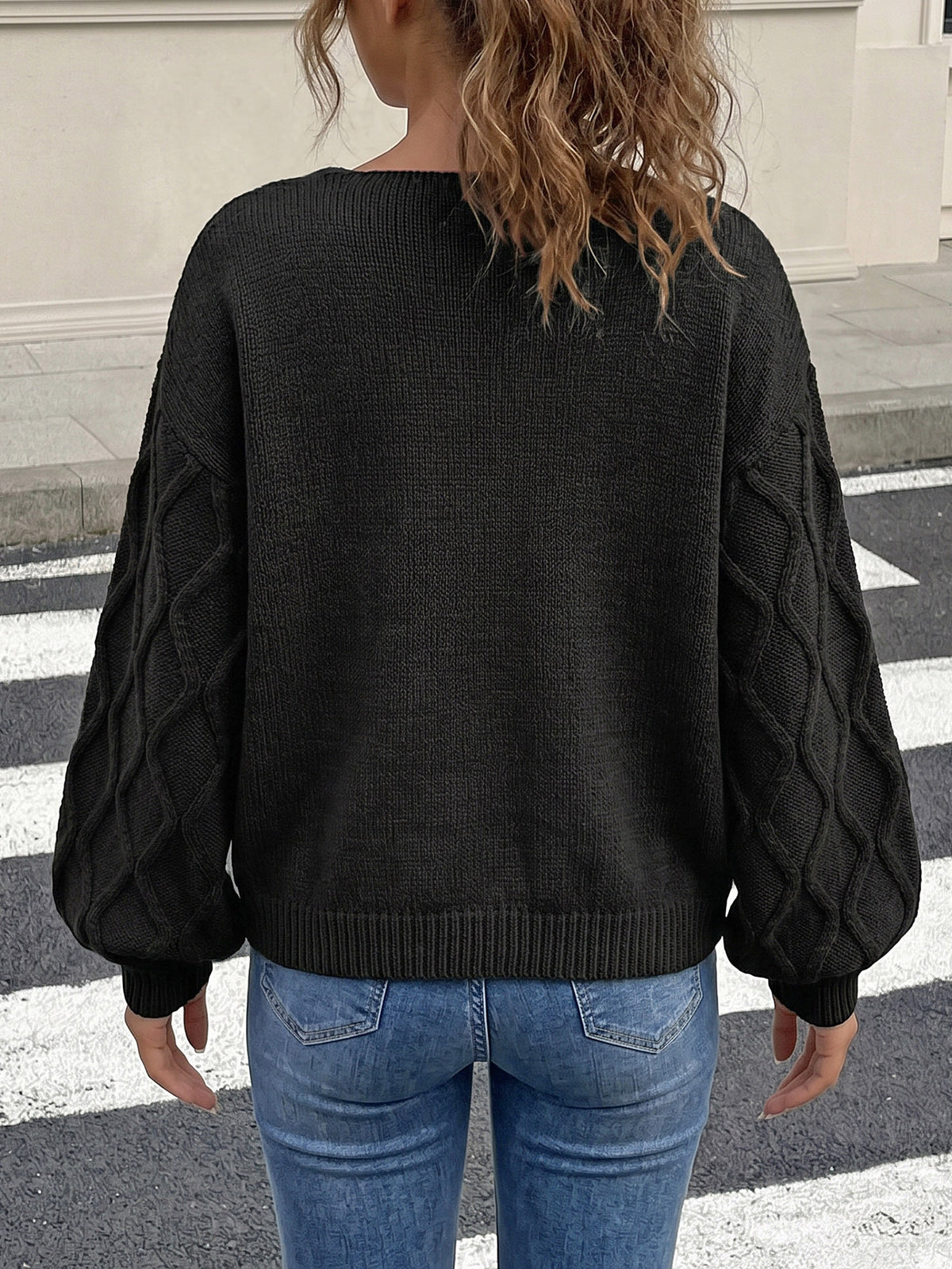 Diamond Knit Flower Button Balloon Sleeve Sweater - Black - 1