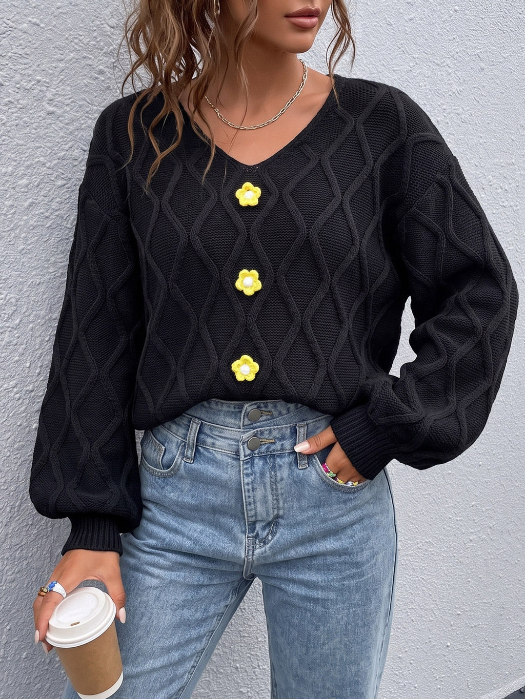 Diamond Knit Flower Button Balloon Sleeve Sweater - Black - 2