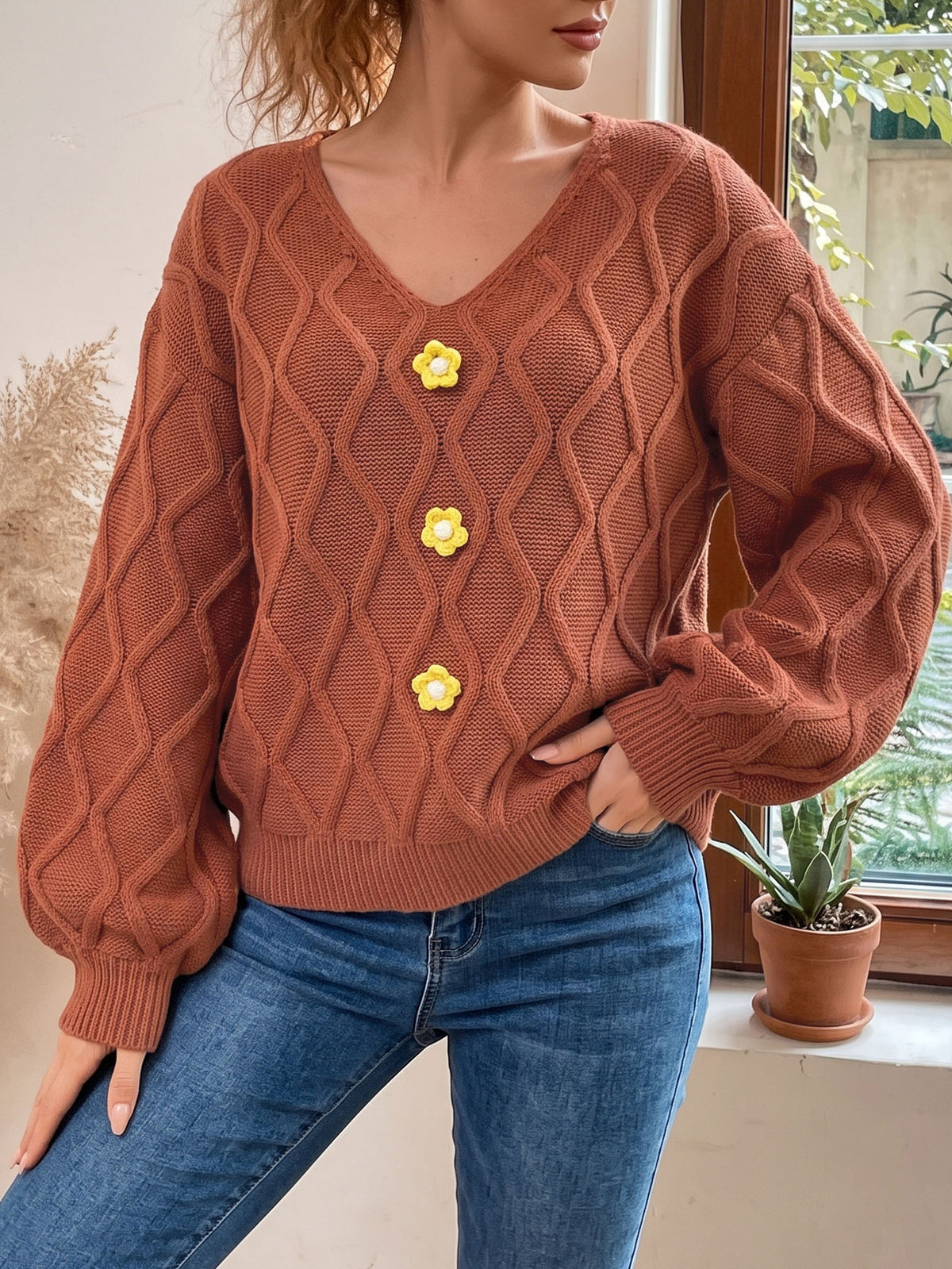 Diamond Knit Flower Button Balloon Sleeve Sweater - Brown