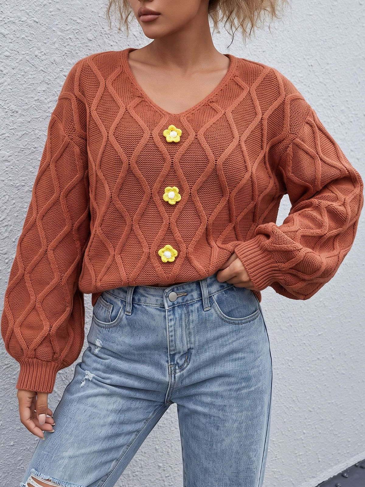 Diamond Knit Flower Button Balloon Sleeve Sweater - Brown - 1