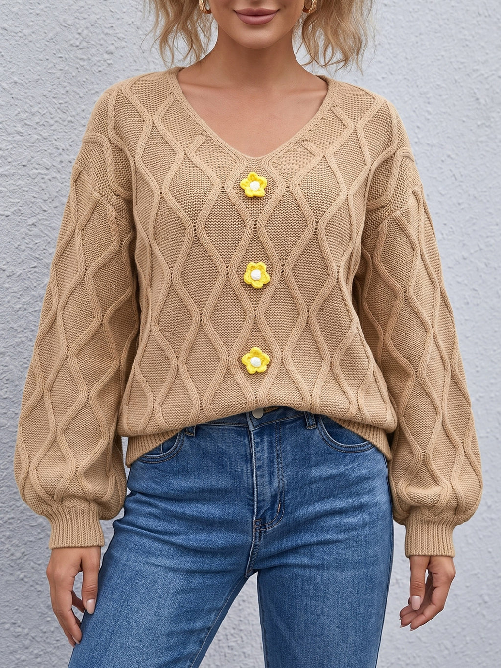 Diamond Knit Flower Button Balloon Sleeve Sweater - Khaki