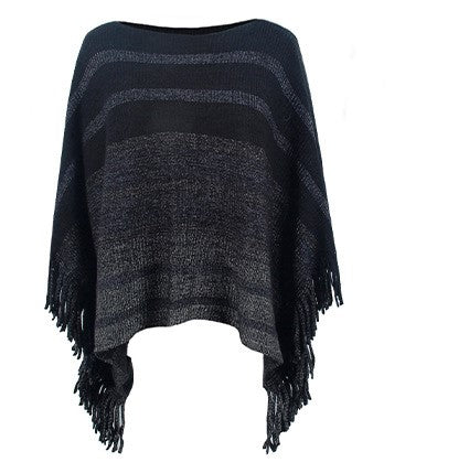 Ombre Stripe Fringe Poncho Cape - Black