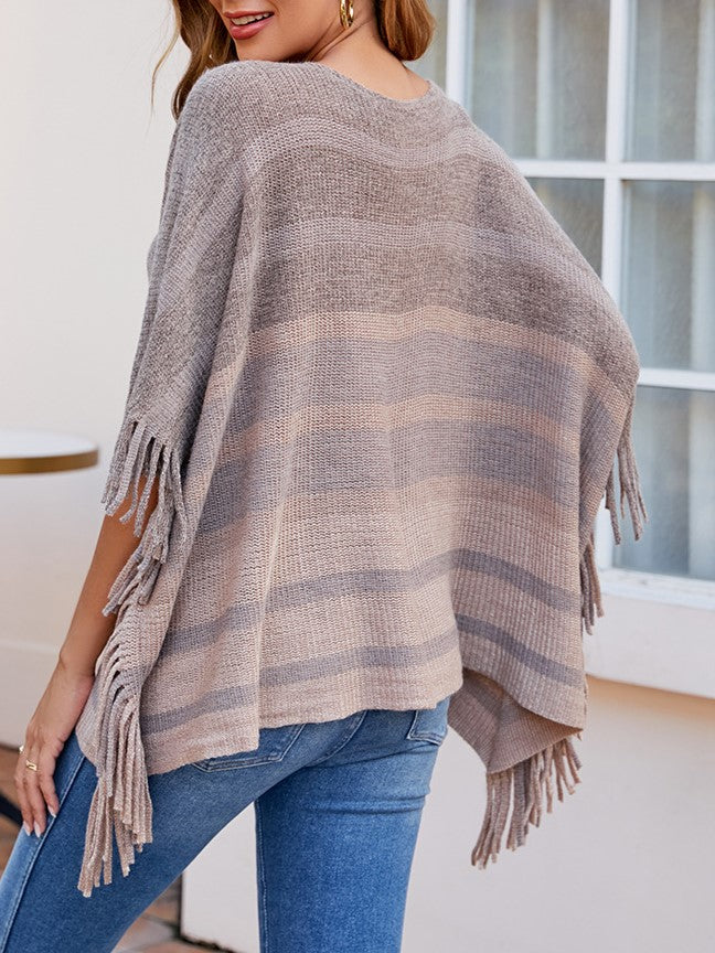 Ombre Stripe Fringe Poncho Cape - Black - 3