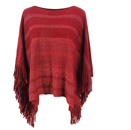 Ombre Stripe Fringe Poncho Cape - Winered