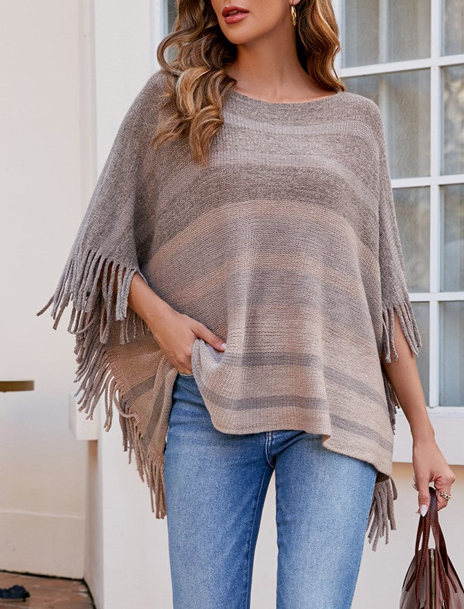 Ombre Stripe Fringe Poncho Cape - view 1