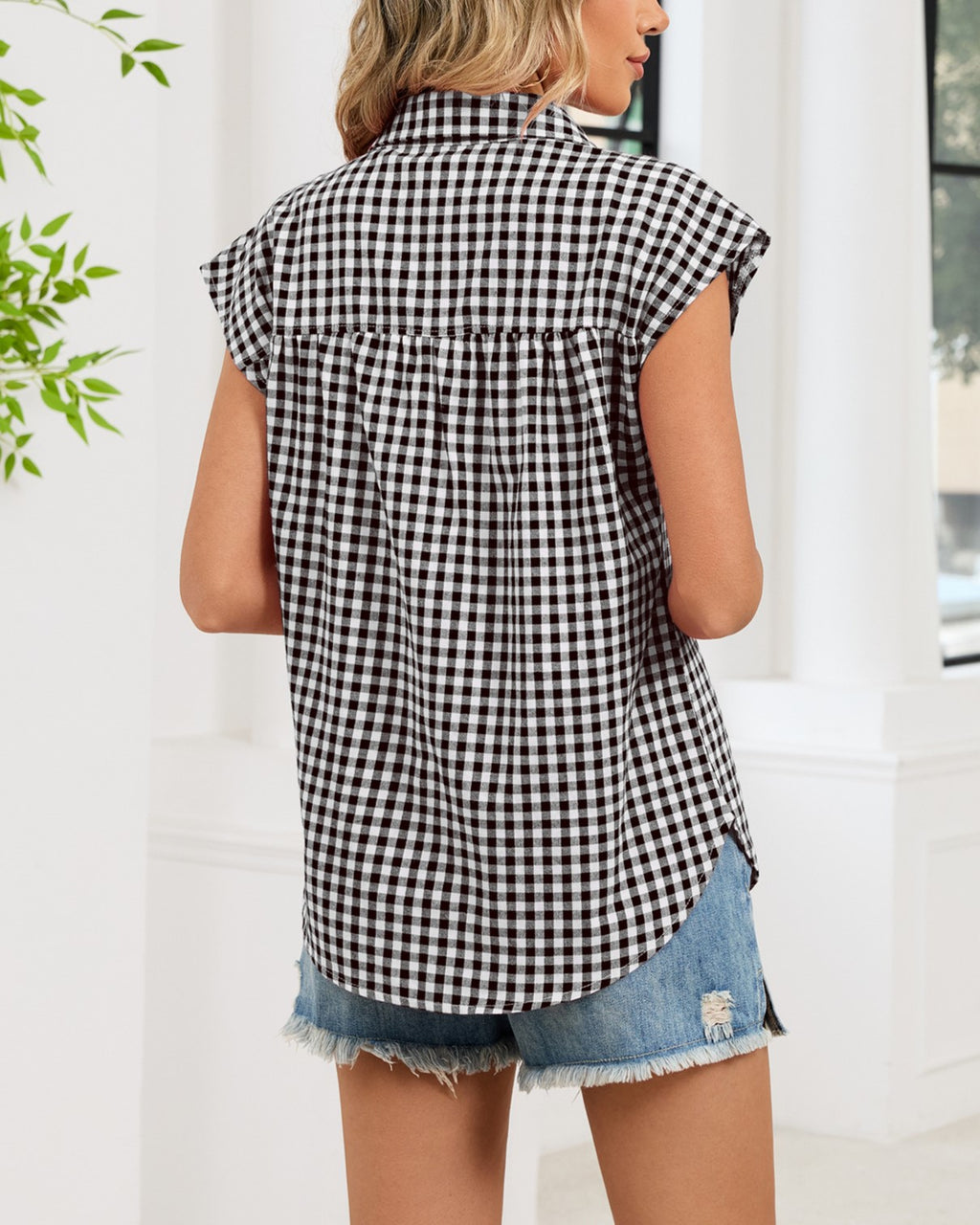 Gingham Plaid Cap Sleeve Button Up Blouse - Black - 4