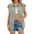Gingham Plaid Cap Sleeve Button Up Blouse - Green