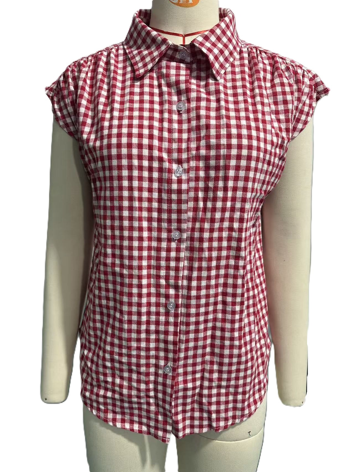 Gingham Plaid Cap Sleeve Button Up Blouse - Red