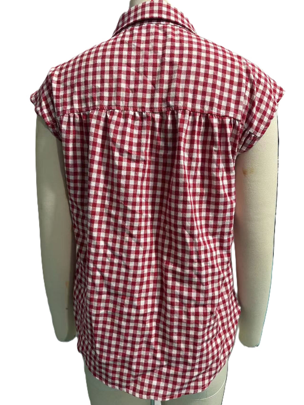 Gingham Plaid Cap Sleeve Button Up Blouse - Red - 1