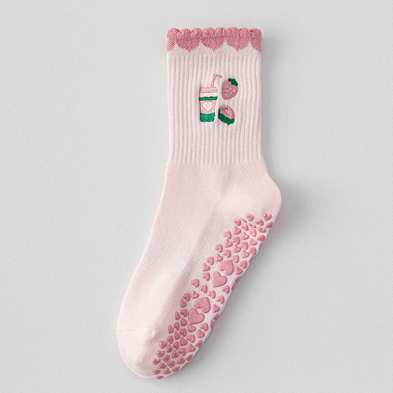 Embroidered Bear Grip Crew Socks - Pink