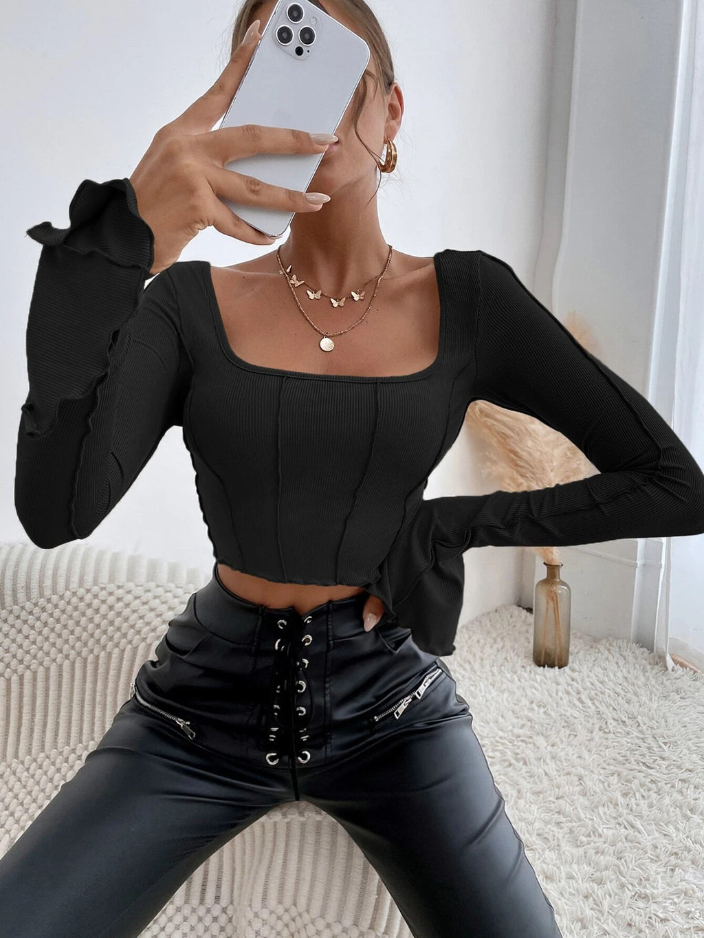 Square Neck Tie Back Crop Knit Top - Black - 4