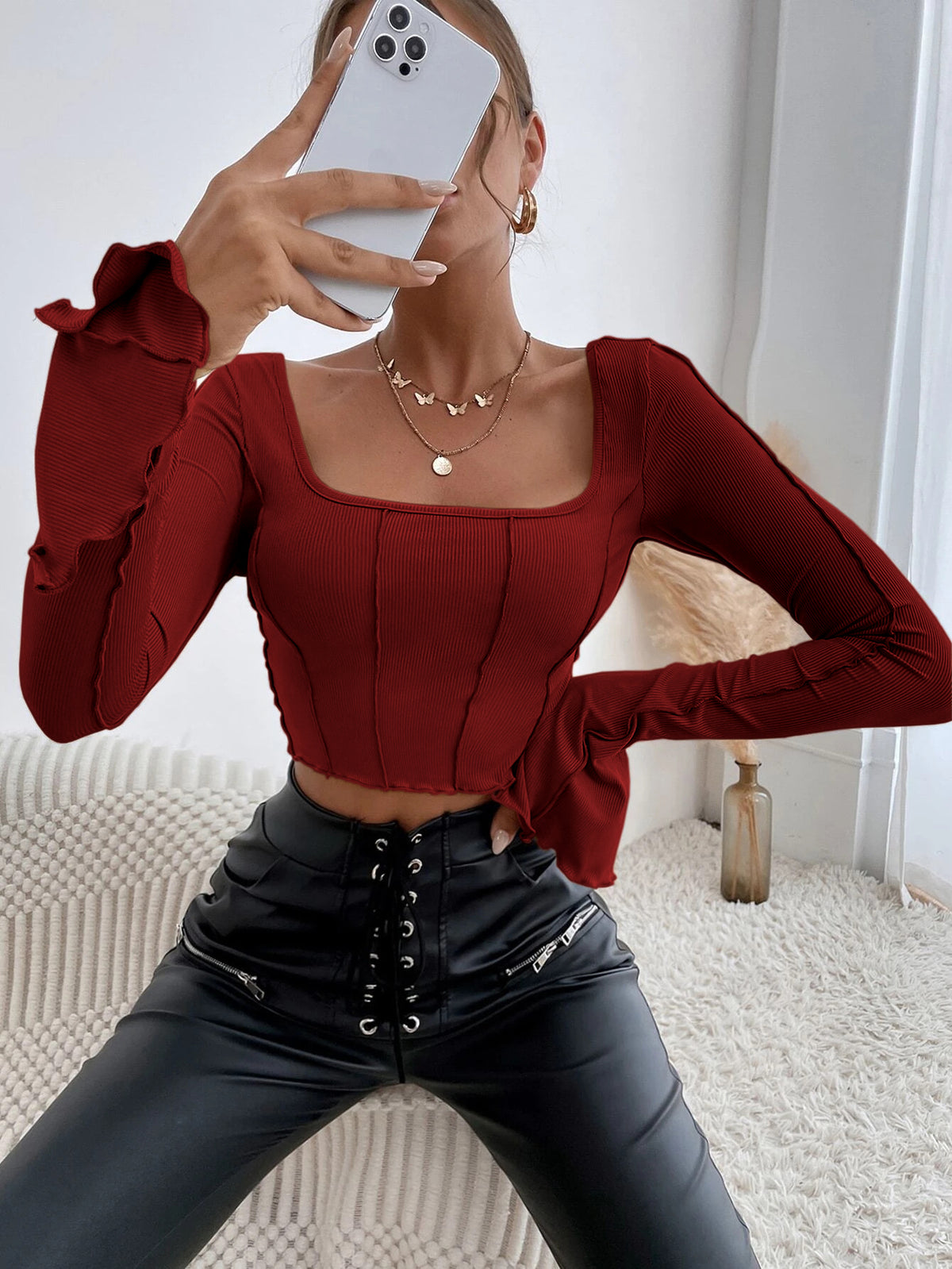 Square Neck Tie Back Crop Knit Top - Red - 4