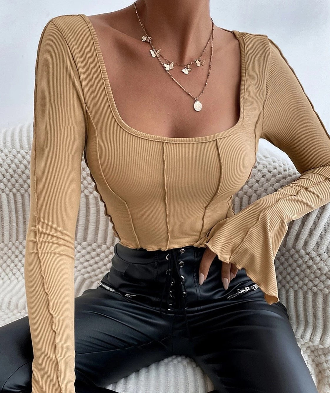 Square Neck Tie Back Crop Knit Top - view 1