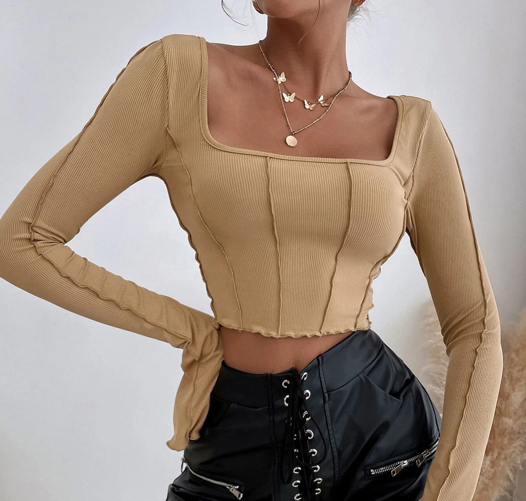 Square Neck Tie Back Crop Knit Top - khaki - 2