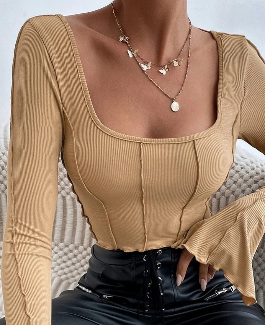 Square Neck Tie Back Crop Knit Top - khaki - 3