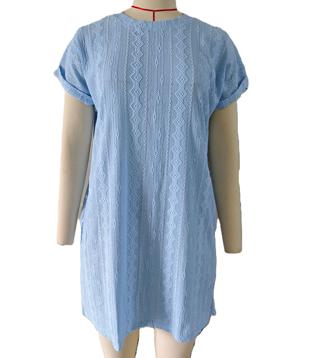 Jacquard Round Neck Pocket Dress - Blue