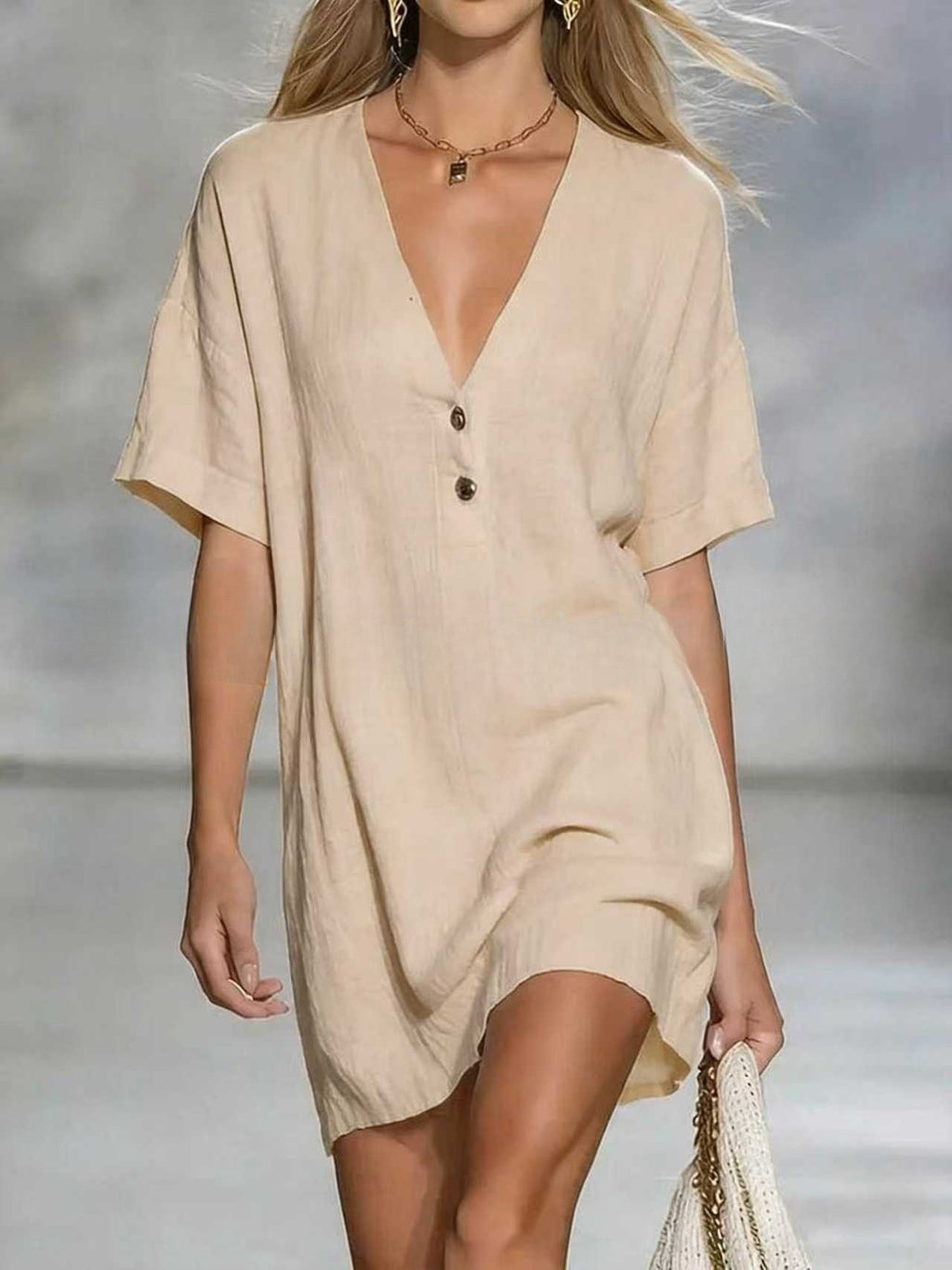 Airy V-Neck Short Sleeve Mini Dress - Apricot