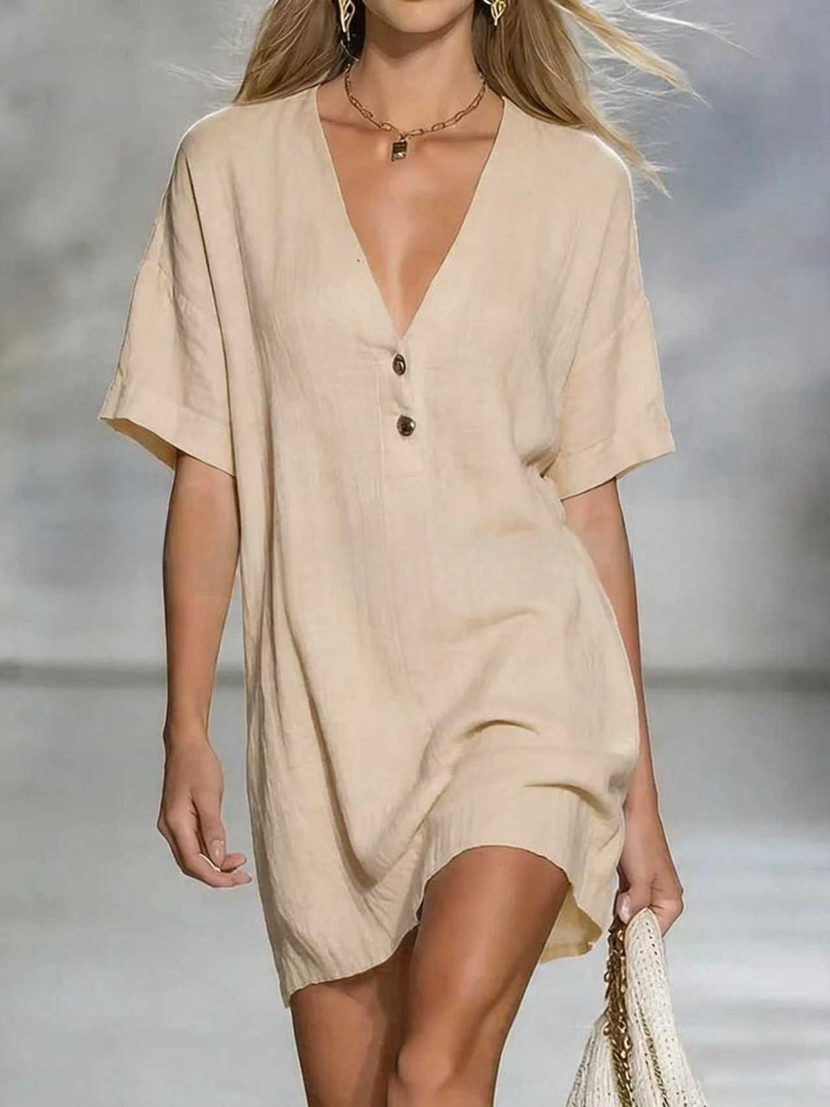 Airy V-Neck Short Sleeve Mini Dress - Apricot