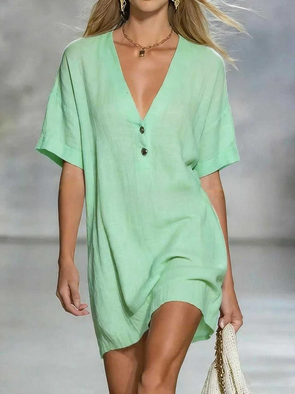 Airy V-Neck Short Sleeve Mini Dress - Green