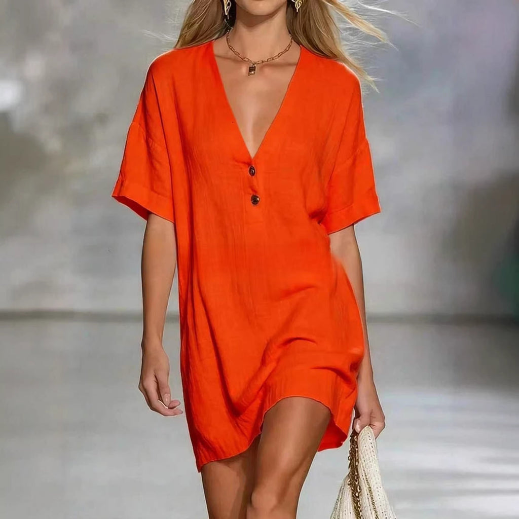 Airy V-Neck Short Sleeve Mini Dress - Orange