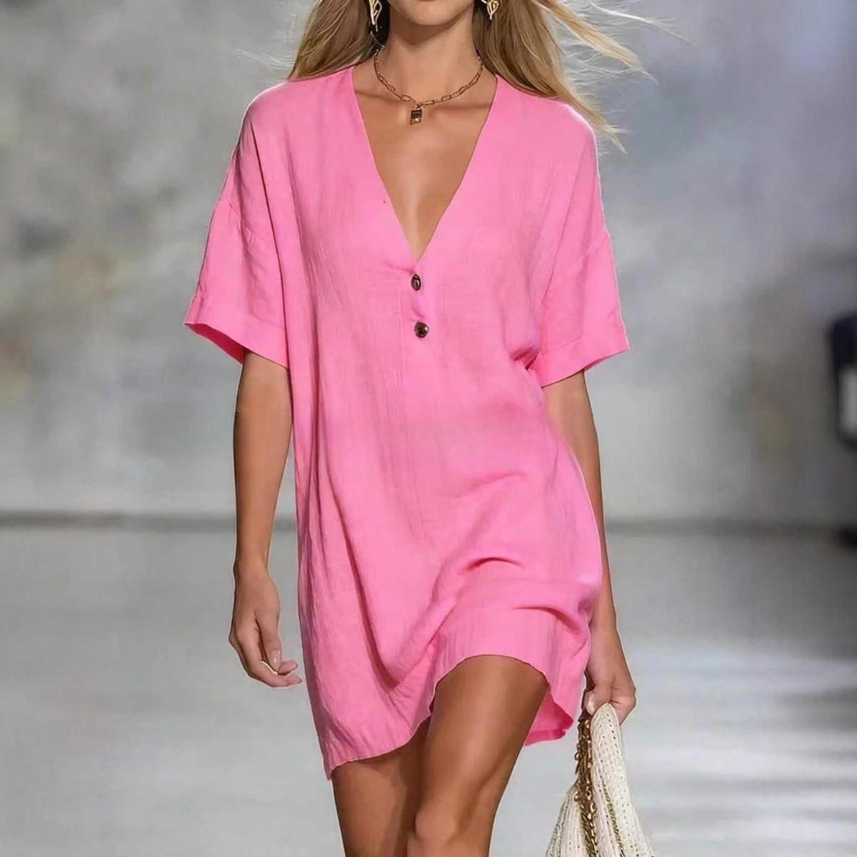Airy V-Neck Short Sleeve Mini Dress - Pink