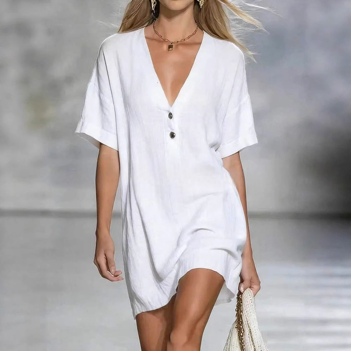 Airy V-Neck Short Sleeve Mini Dress - White