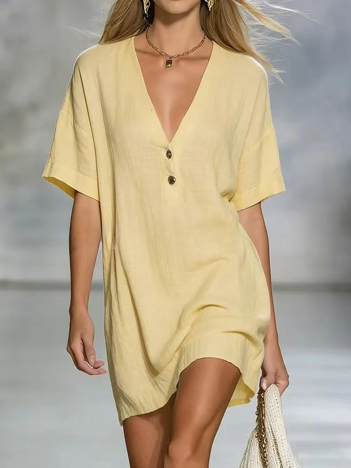 Airy V-Neck Short Sleeve Mini Dress - Yellow