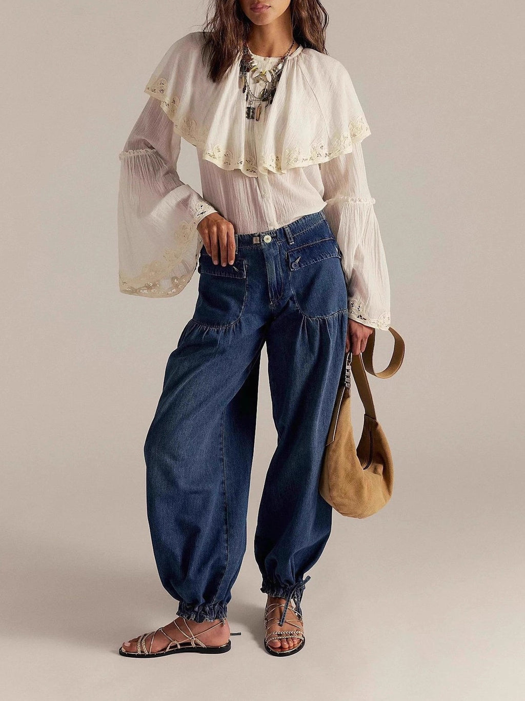 High Waist Balloon Jeans With Ankle Ties - DarkBlue