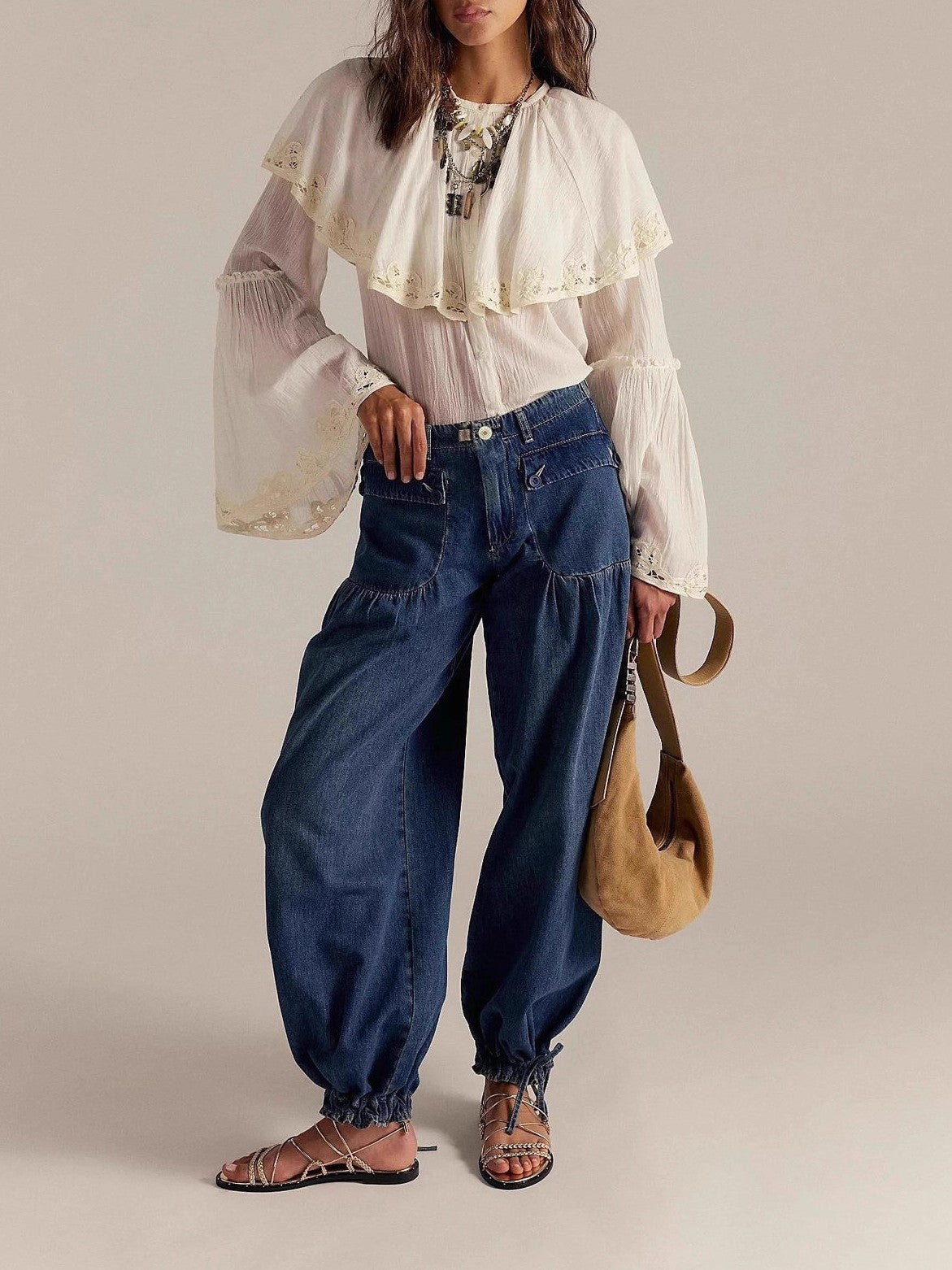 High Waist Balloon Jeans With Ankle Ties - DarkBlue
