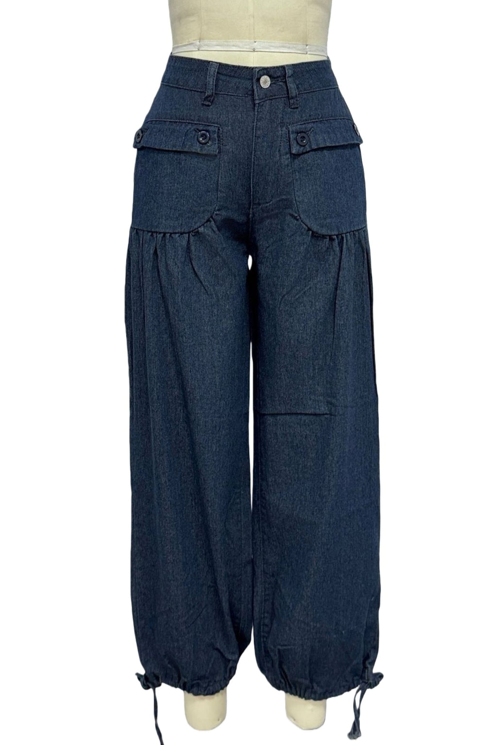 High Waist Balloon Jeans With Ankle Ties - DarkBlue - 1