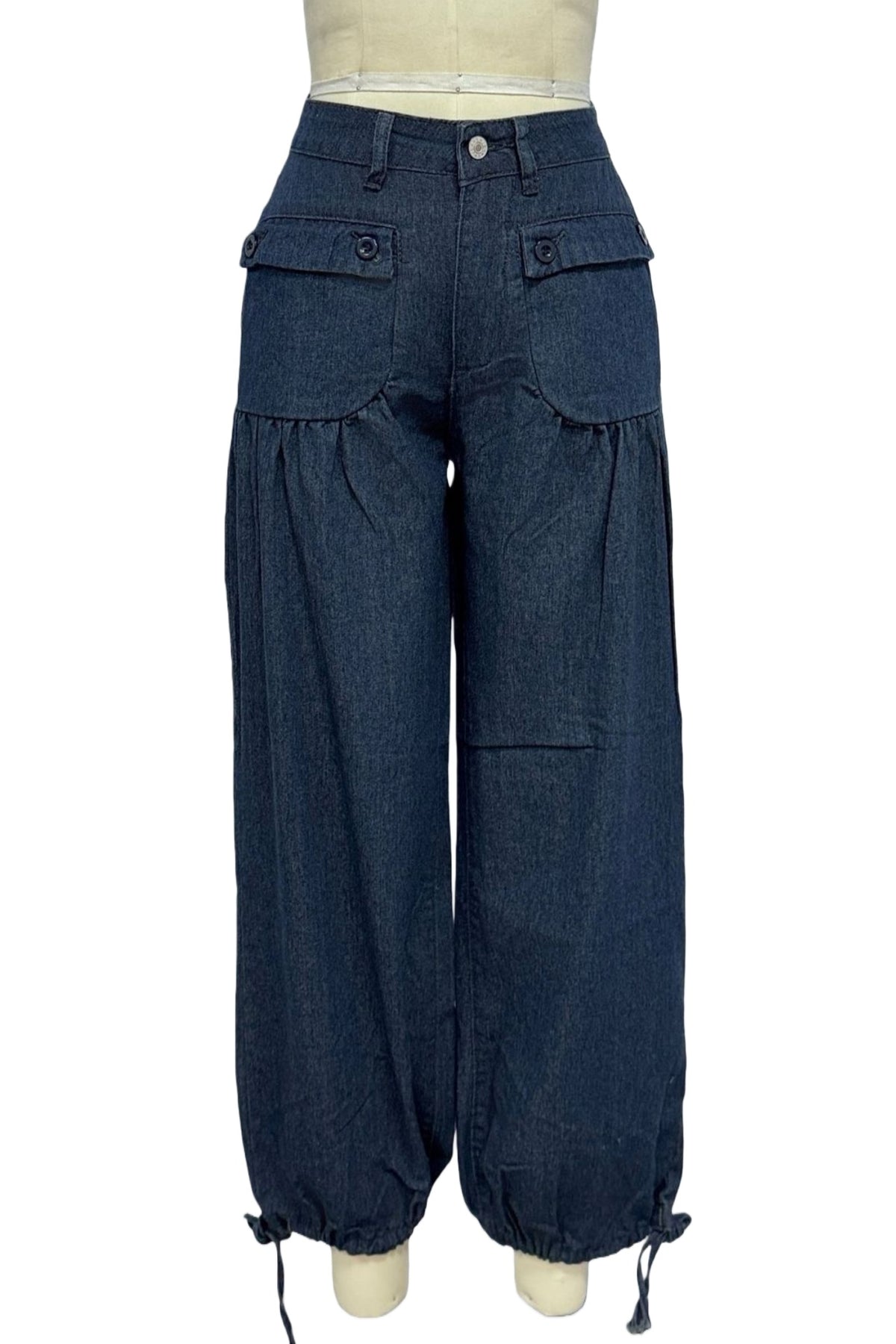 High Waist Balloon Jeans With Ankle Ties - DarkBlue - 1