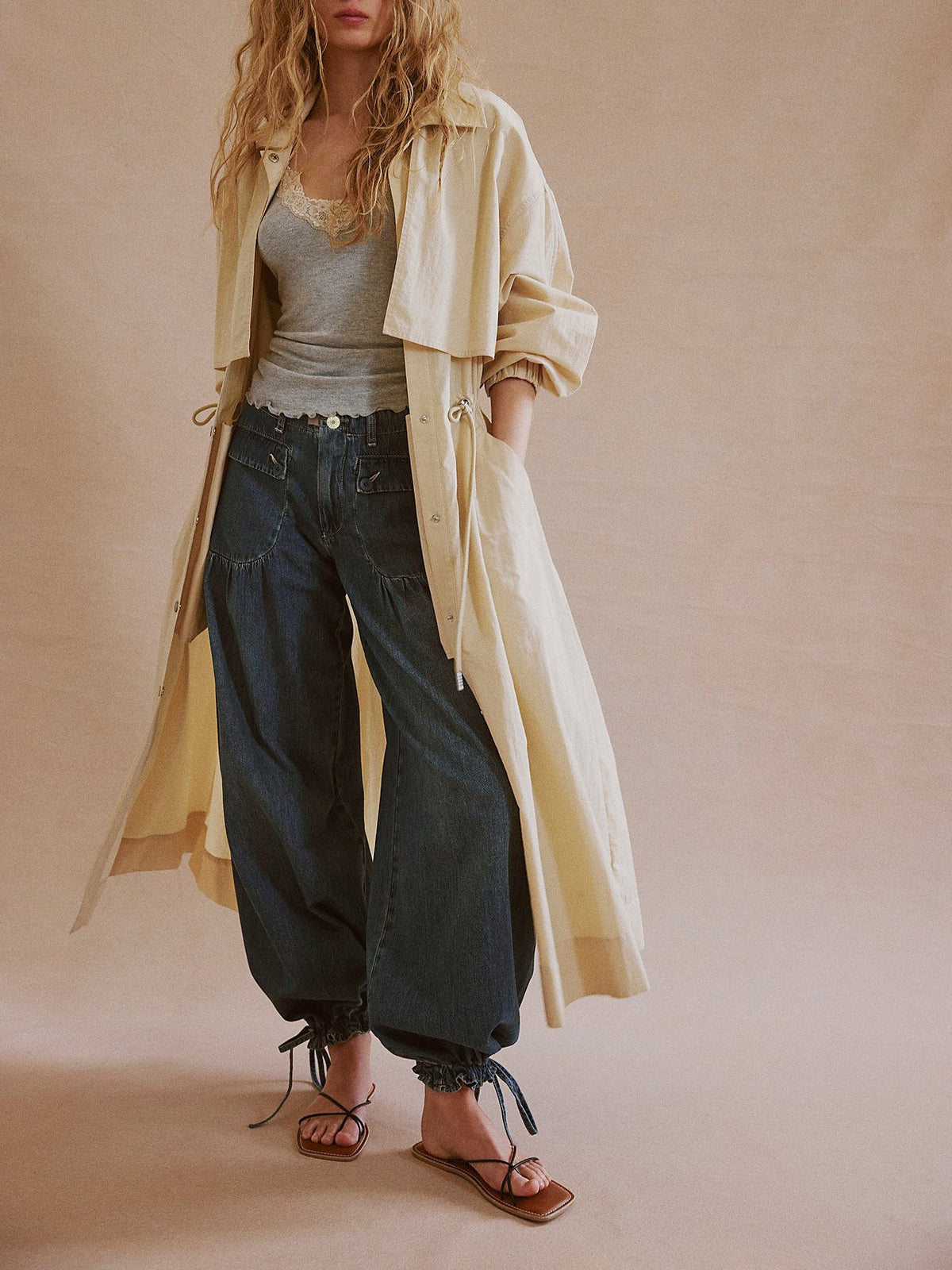 High Waist Balloon Jeans With Ankle Ties - DarkBlue - 4
