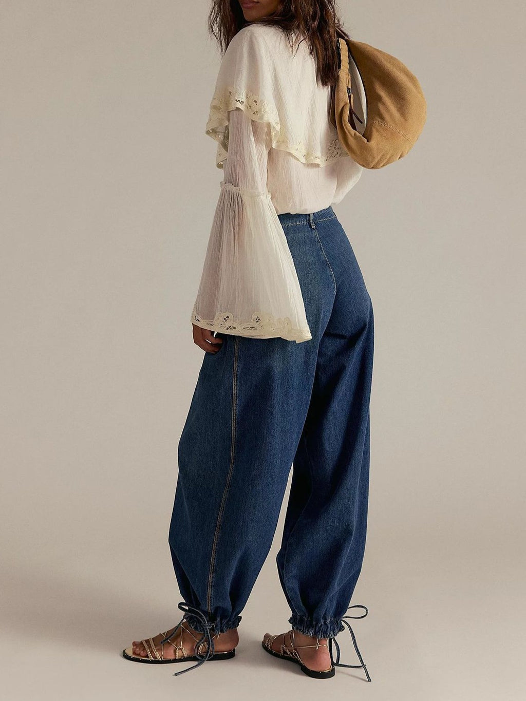 High Waist Balloon Jeans With Ankle Ties - DarkBlue - 5