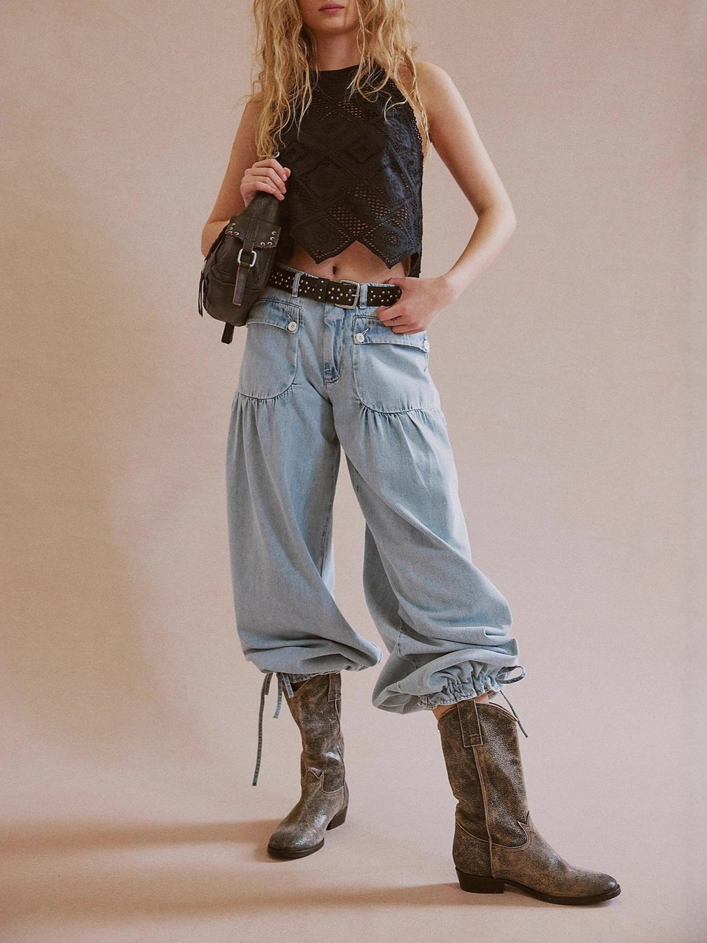 High Waist Balloon Jeans With Ankle Ties - LightBlue