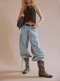 High Waist Balloon Jeans With Ankle Ties - LightBlue