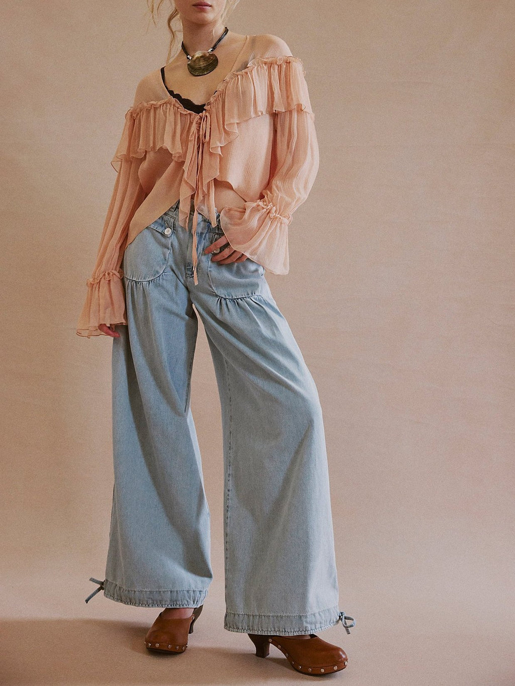 High Waist Balloon Jeans With Ankle Ties - LightBlue - 1