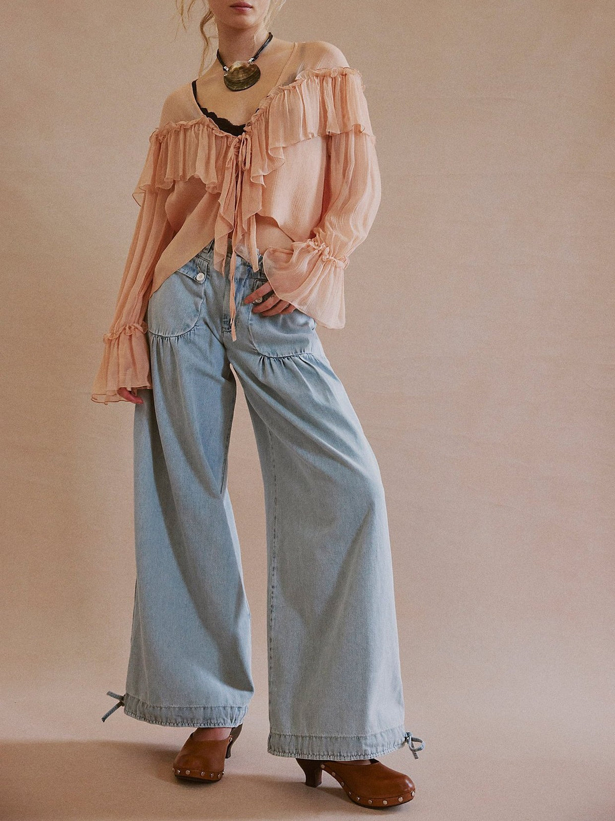 High Waist Balloon Jeans With Ankle Ties - LightBlue - 1