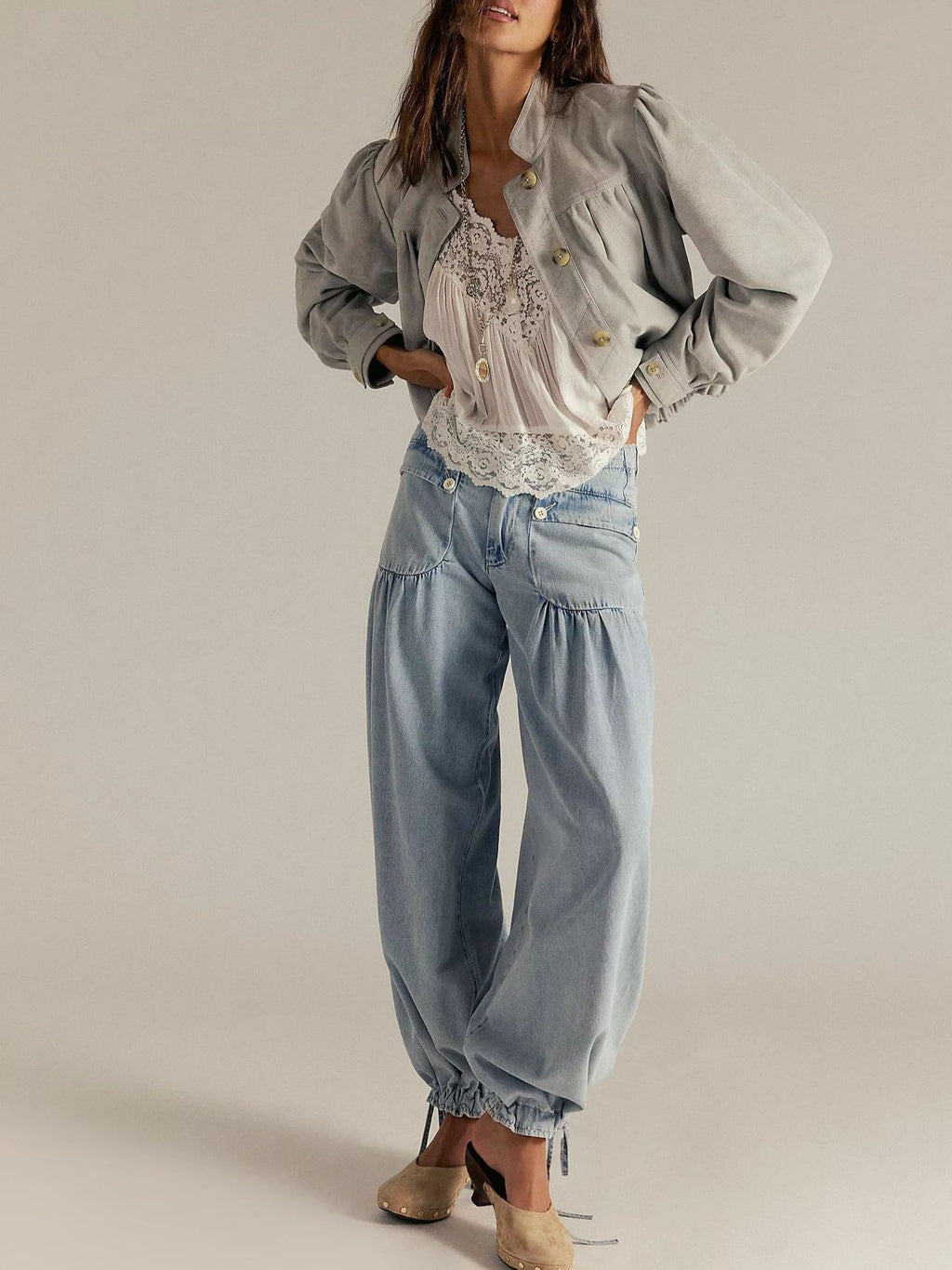High Waist Balloon Jeans With Ankle Ties - LightBlue - 2