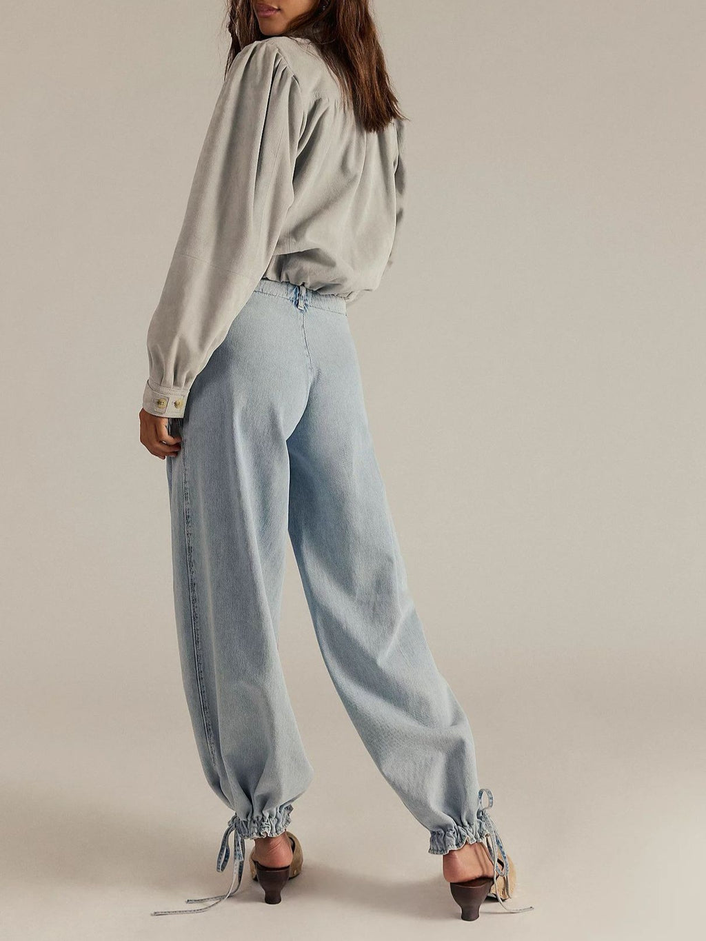 High Waist Balloon Jeans With Ankle Ties - LightBlue - 4