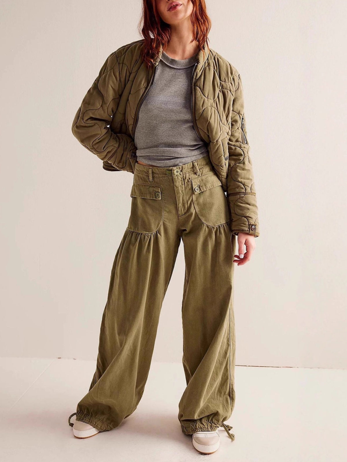 High Waist Balloon Jeans With Ankle Ties - Olive