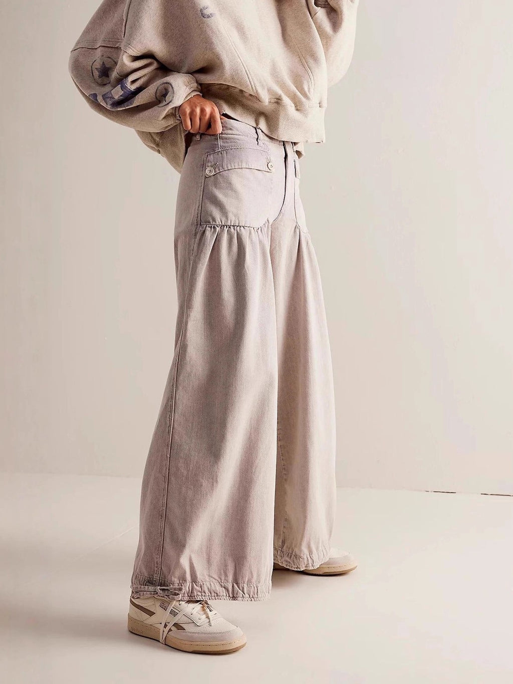 High Waist Balloon Jeans With Ankle Ties - Tan - 1