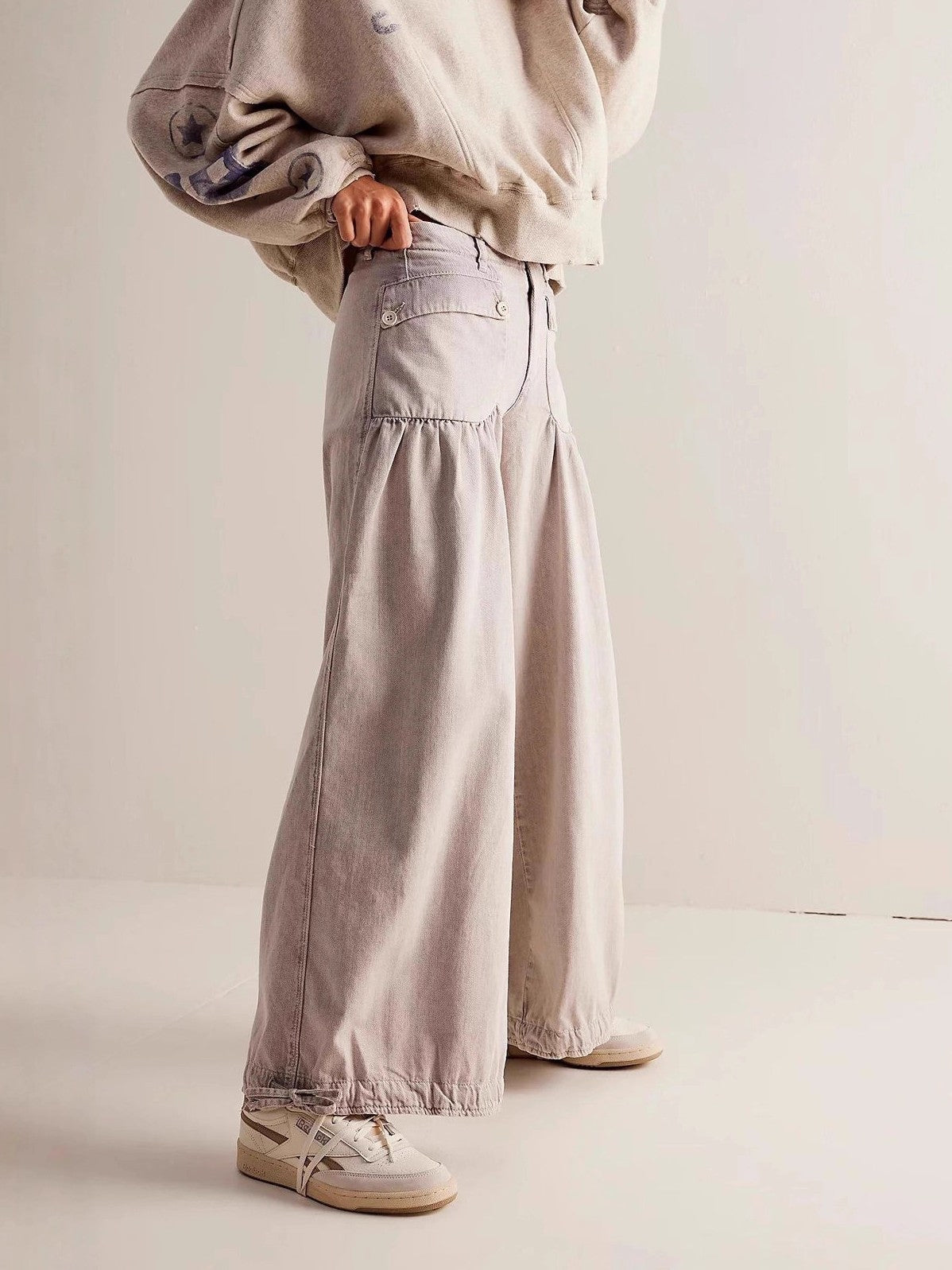 High Waist Balloon Jeans With Ankle Ties - Tan - 1